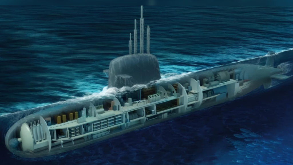 Representação conceitual do projeto do Submarino Nuclear Convencionalmente Armado (SNCA) “Almirante Álvaro Alberto”, desenvolvido pela Marinha do Brasil. Imagem: Marinha do Brasil.